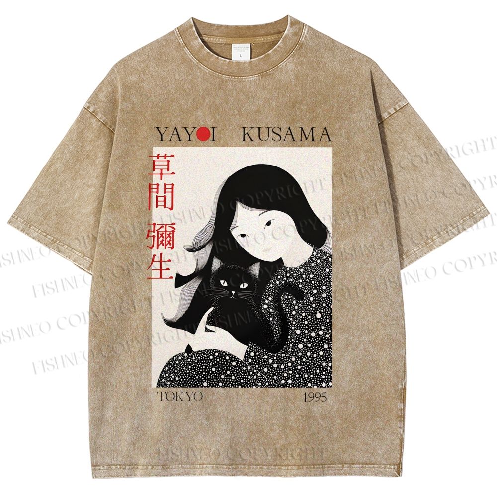 Unisex Yayoi Kusama Girl Cat Printed Washed Tee