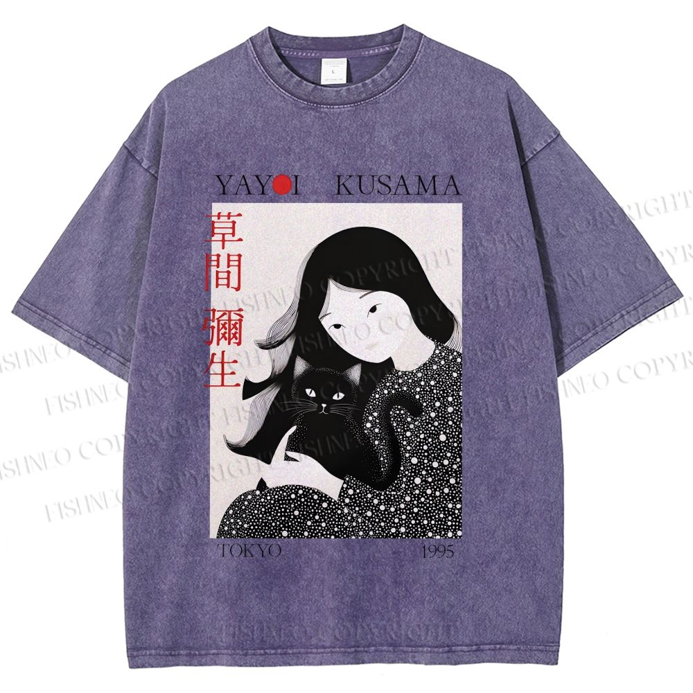 Unisex Yayoi Kusama Girl Cat Printed Washed Tee