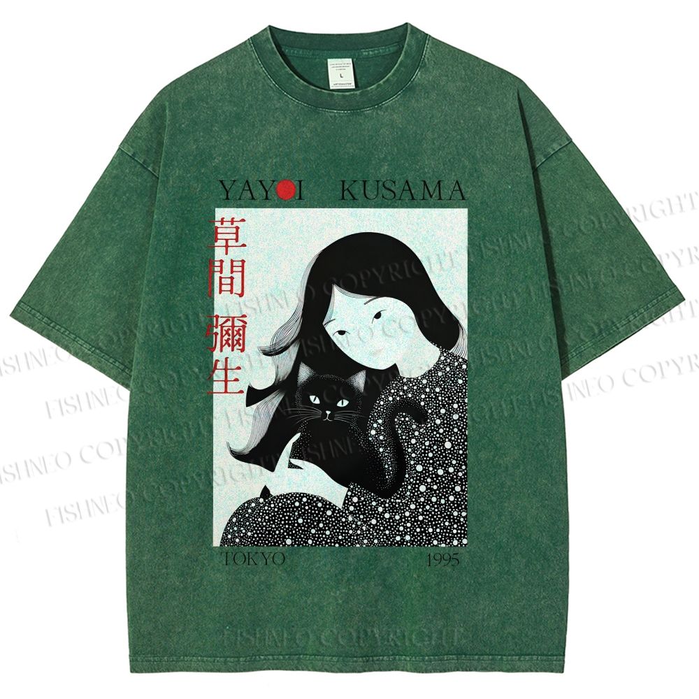 Unisex Yayoi Kusama Girl Cat Printed Washed Tee