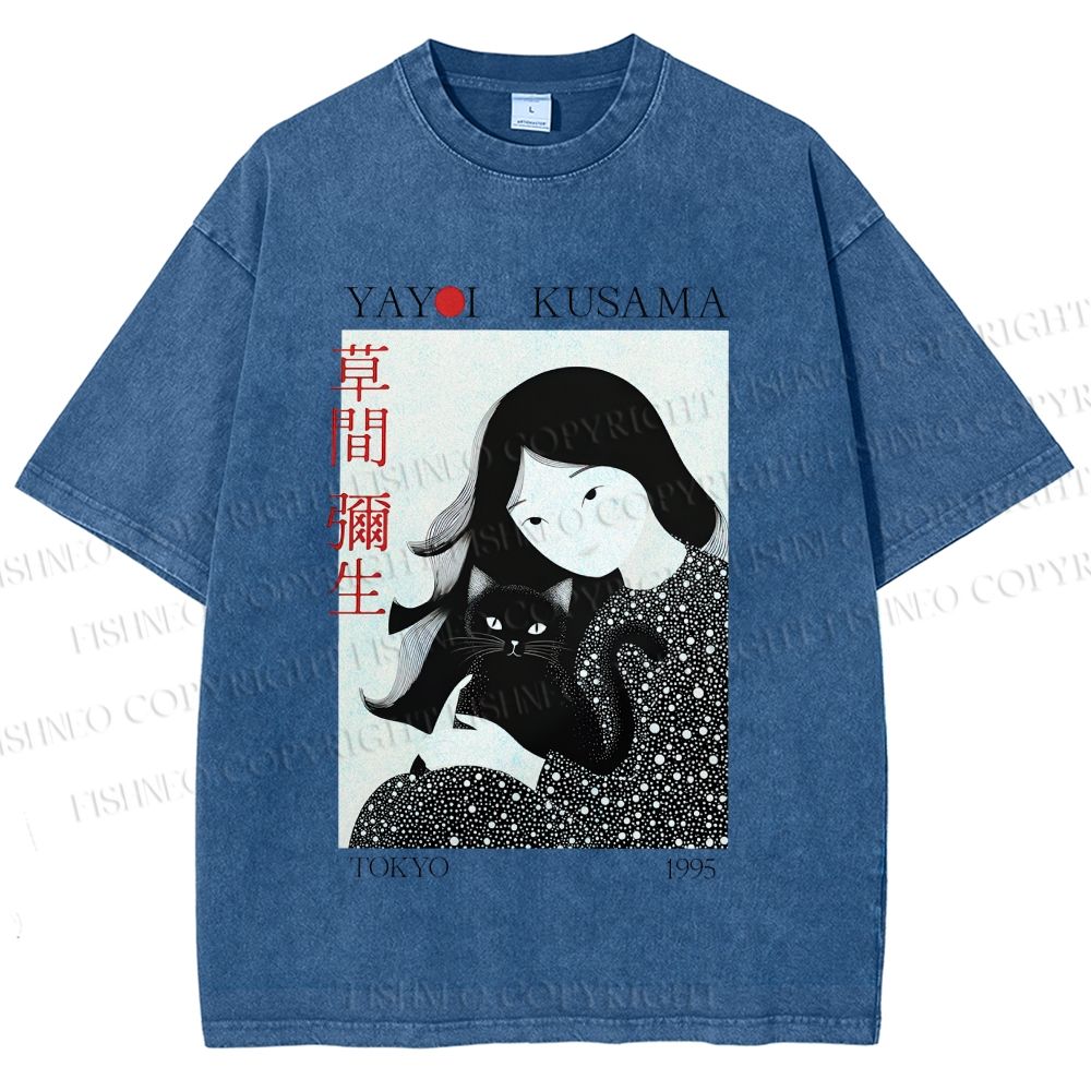 Unisex Yayoi Kusama Girl Cat Printed Washed Tee