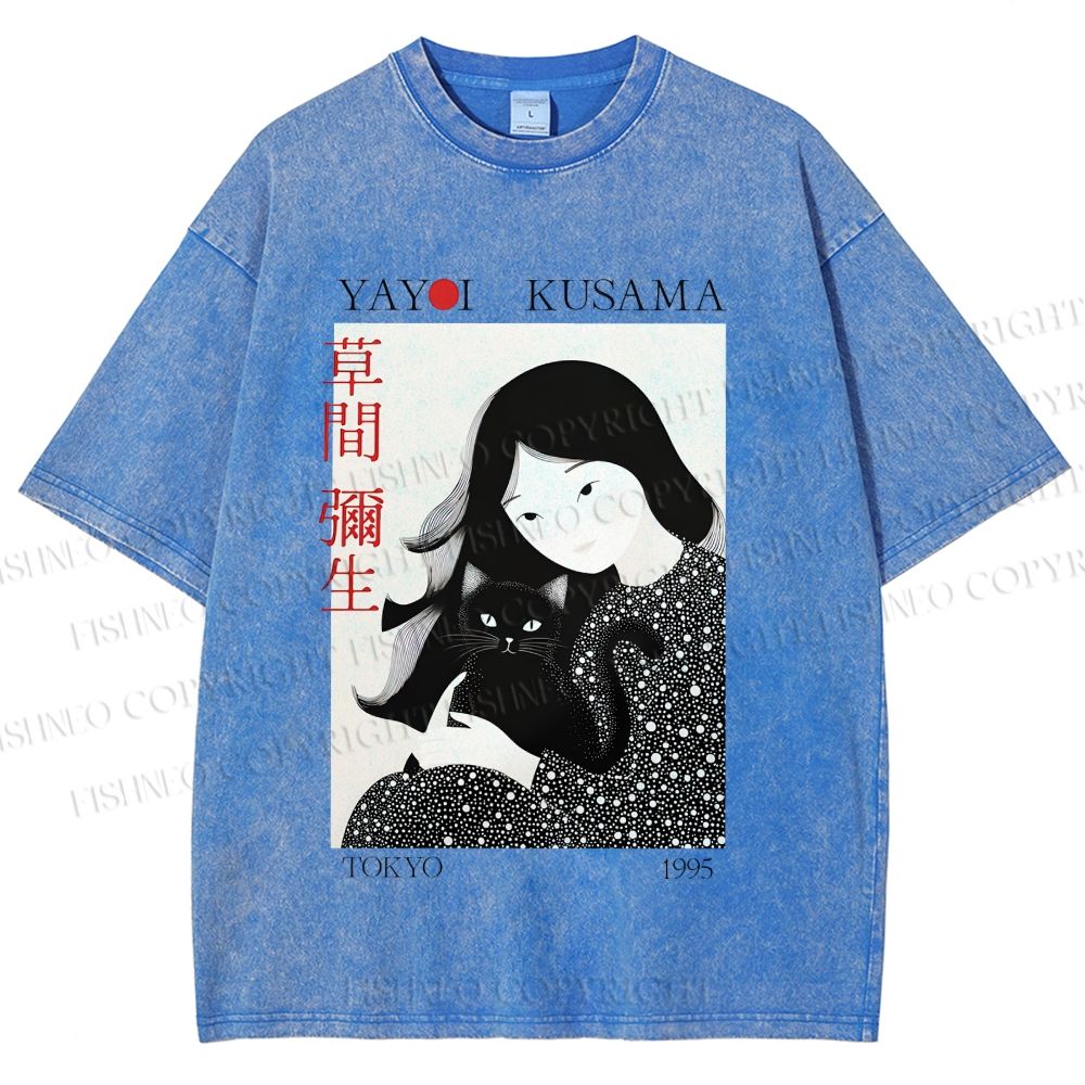 Unisex Yayoi Kusama Girl Cat Printed Washed Tee