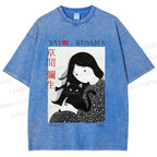 Unisex Yayoi Kusama Girl Cat Printed Washed Tee