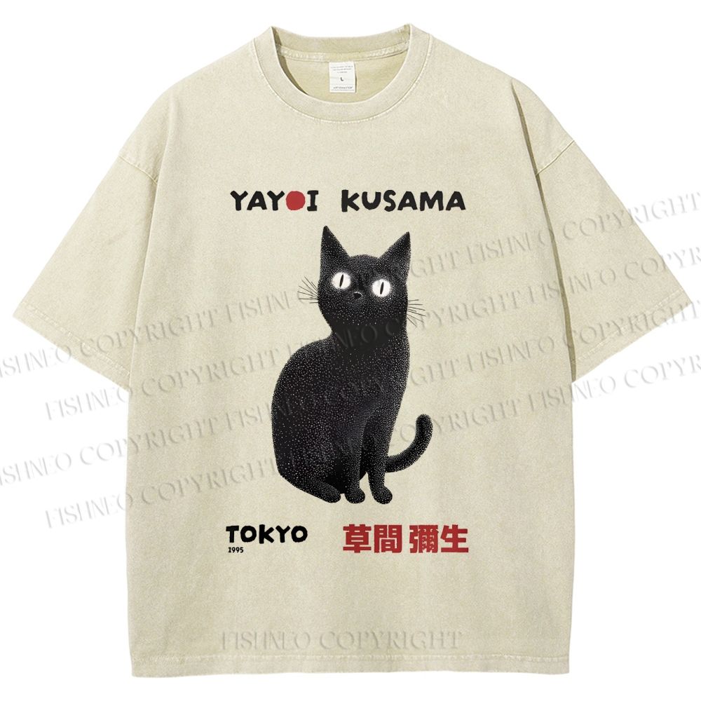 Unisex Yayoi Kusama Black Cat Printed Washed Tee