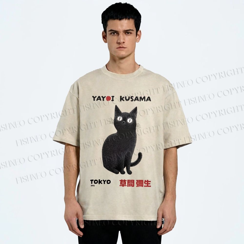 Unisex Yayoi Kusama Black Cat Printed Washed Tee