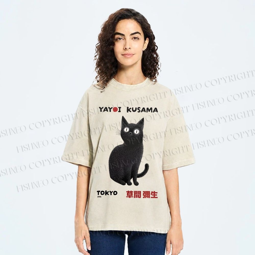 Unisex Yayoi Kusama Black Cat Printed Washed Tee