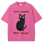 Unisex Yayoi Kusama Black Cat Printed Washed Tee