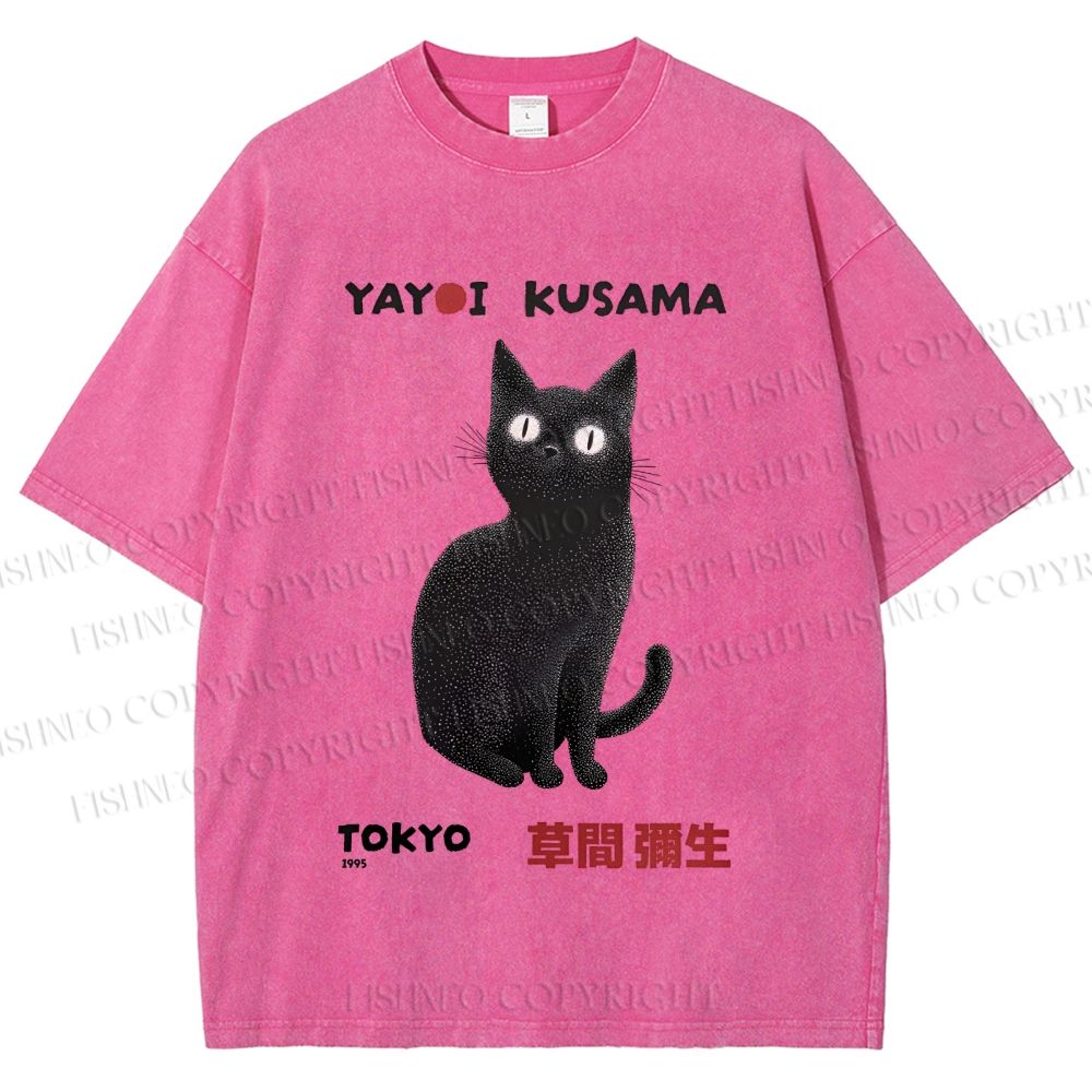Unisex Yayoi Kusama Black Cat Printed Washed Tee