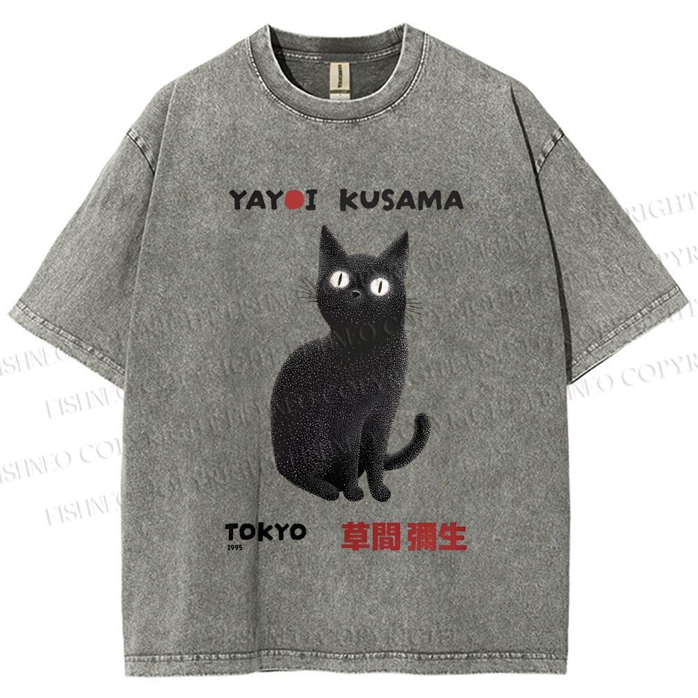 Unisex Yayoi Kusama Black Cat Printed Washed Tee