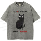 Unisex Yayoi Kusama Black Cat Printed Washed Tee