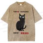 Unisex Yayoi Kusama Black Cat Printed Washed Tee