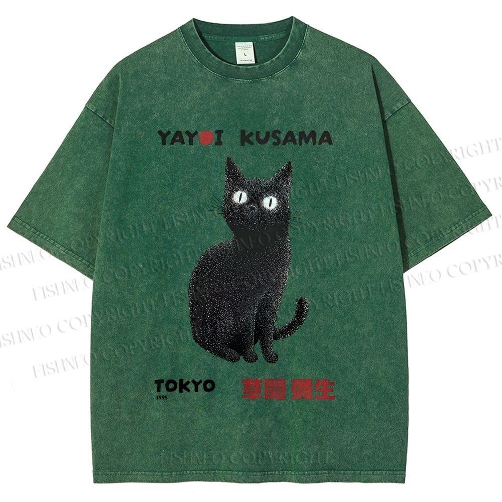 Unisex Yayoi Kusama Black Cat Printed Washed Tee