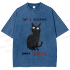 Unisex Yayoi Kusama Black Cat Printed Washed Tee