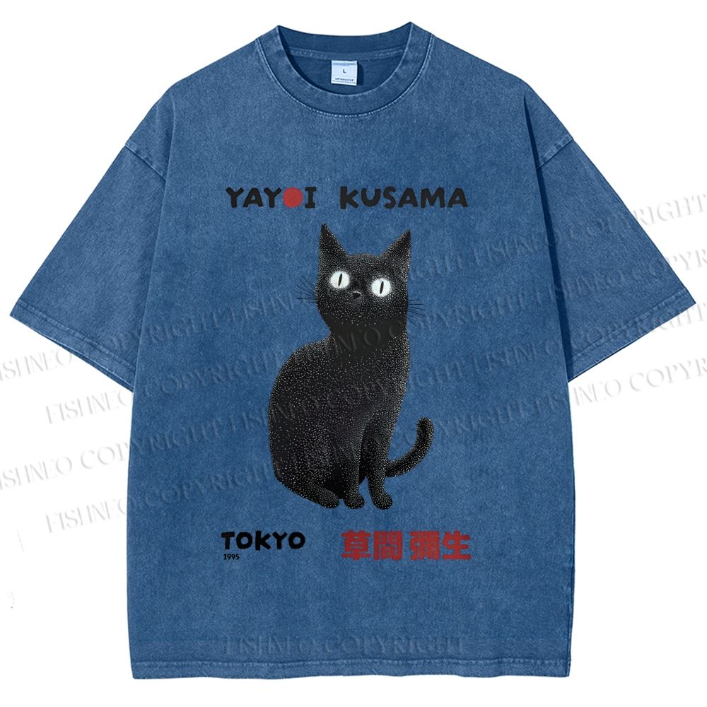 Unisex Yayoi Kusama Black Cat Printed Washed Tee