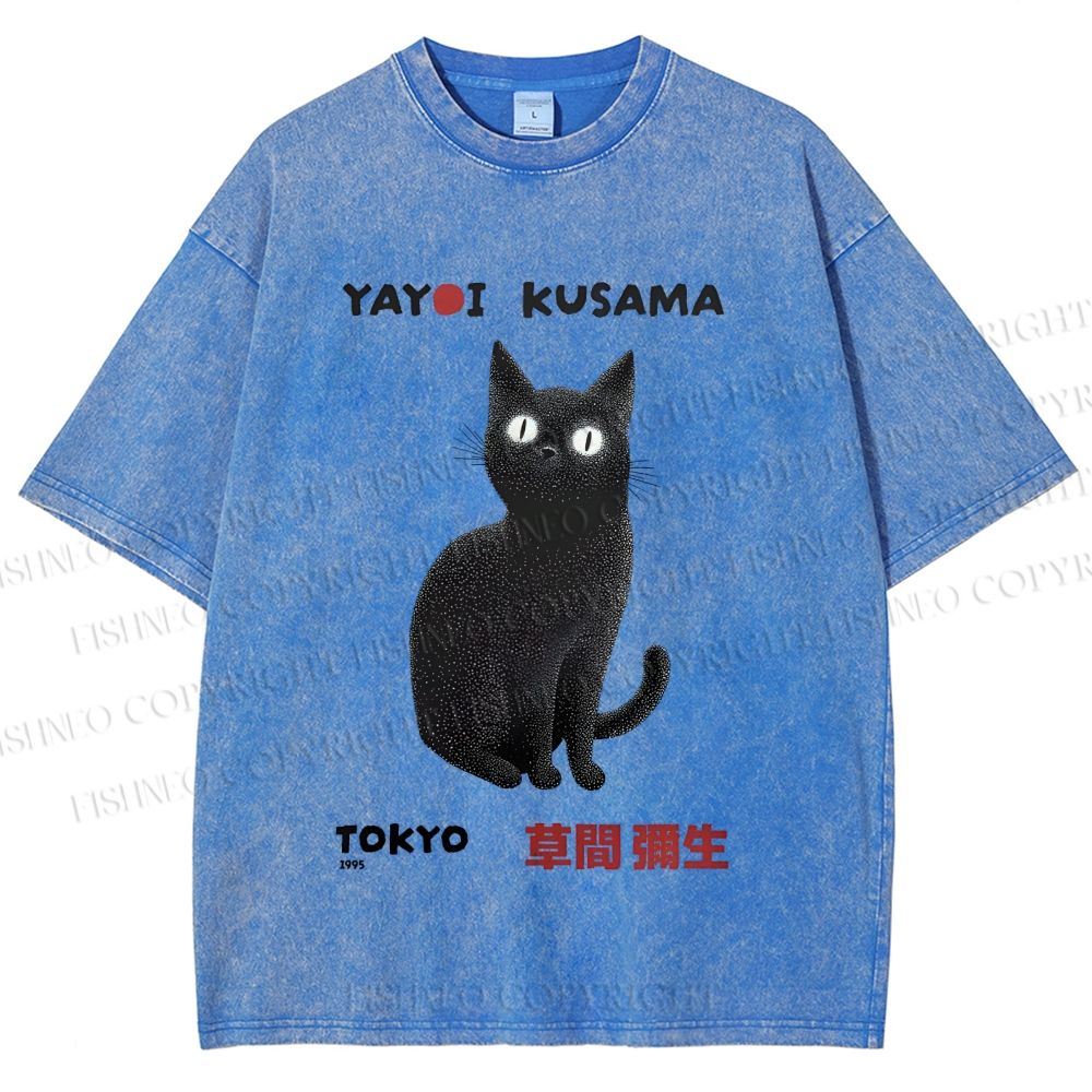 Unisex Yayoi Kusama Black Cat Printed Washed Tee