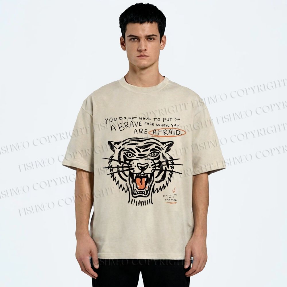Unisex Simple Tiger Printed Washed Tee