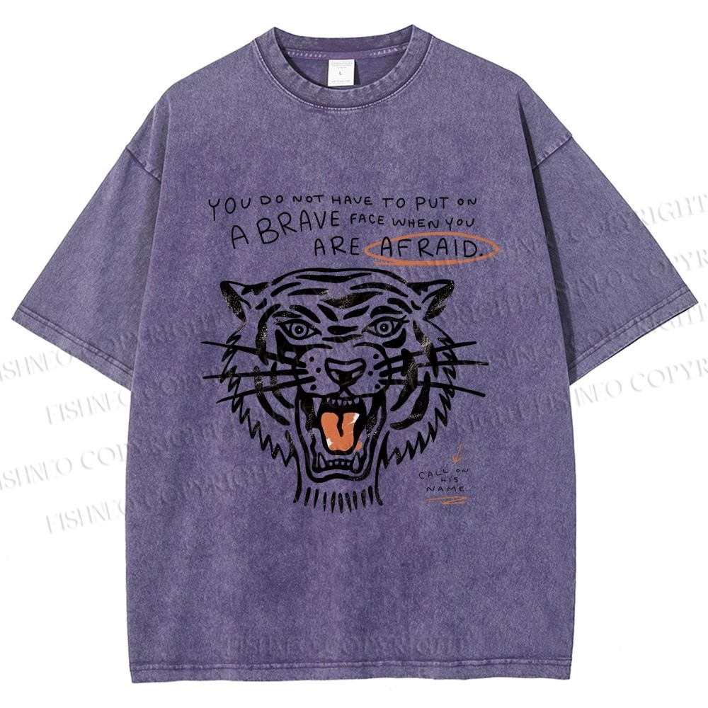 Unisex Simple Tiger Printed Washed Tee