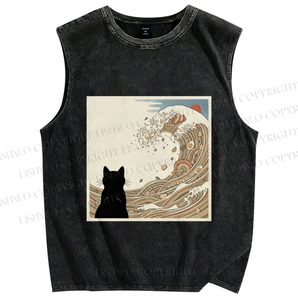 Unisex Black Cat Ramen Wave Printed Washed Tank Top