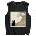 Unisex Black Cat Ramen Wave Printed Washed Tank Top