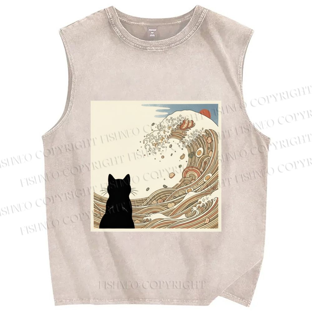 Unisex Black Cat Ramen Wave Printed Washed Tank Top