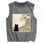 Unisex Black Cat Ramen Wave Printed Washed Tank Top