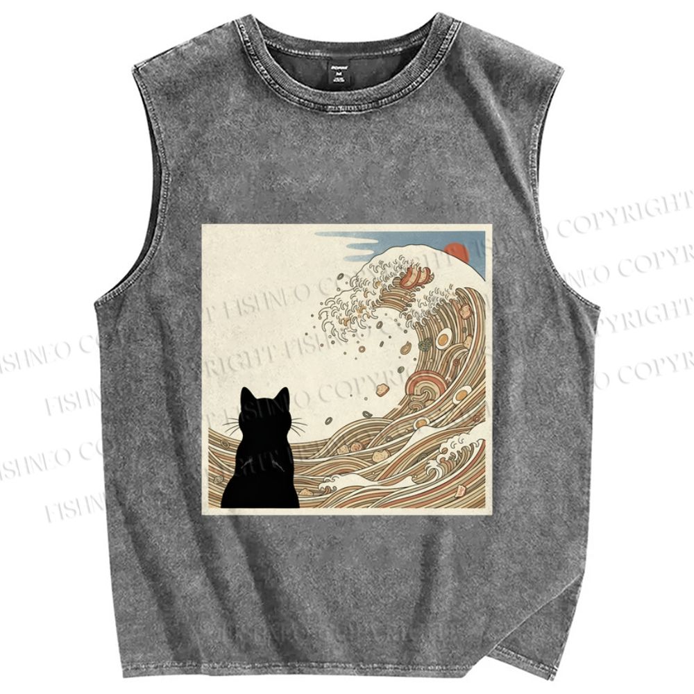 Unisex Black Cat Ramen Wave Printed Washed Tank Top
