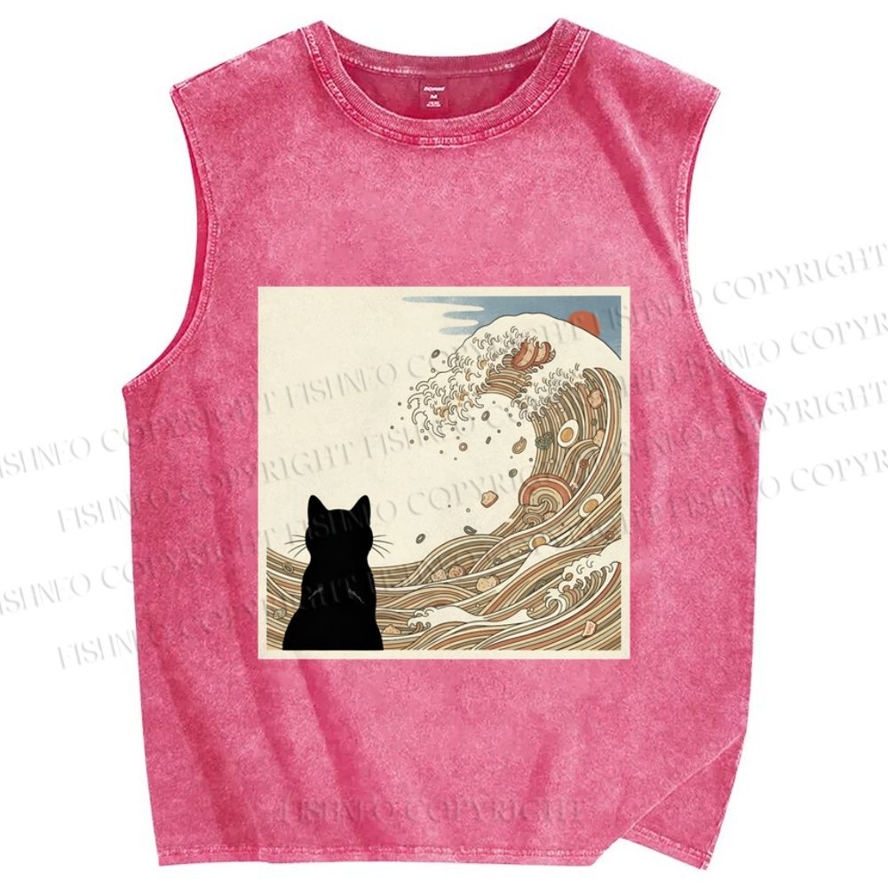 Unisex Black Cat Ramen Wave Printed Washed Tank Top