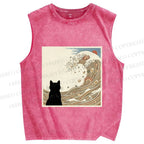 Unisex Black Cat Ramen Wave Printed Washed Tank Top