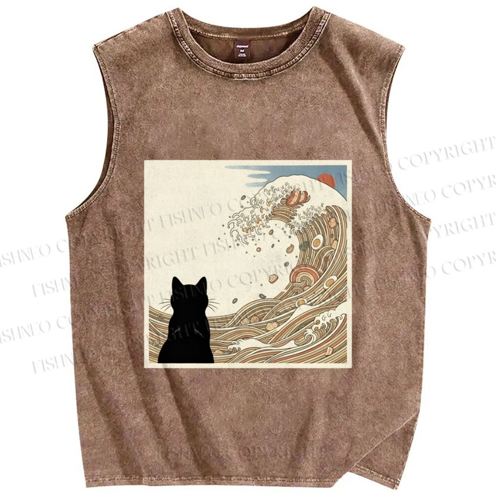 Unisex Black Cat Ramen Wave Printed Washed Tank Top