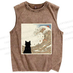 Unisex Black Cat Ramen Wave Printed Washed Tank Top