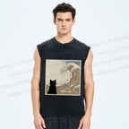 Unisex Black Cat Ramen Wave Printed Washed Tank Top