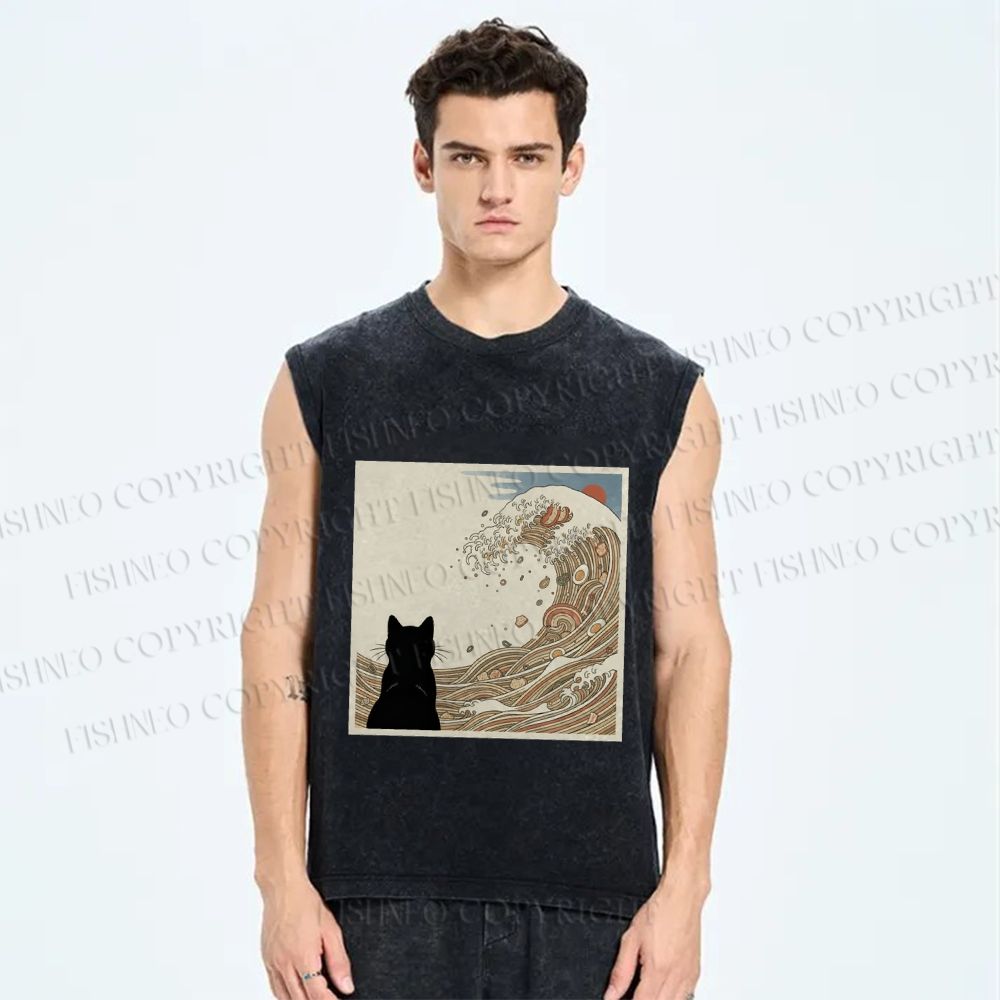 Unisex Black Cat Ramen Wave Printed Washed Tank Top
