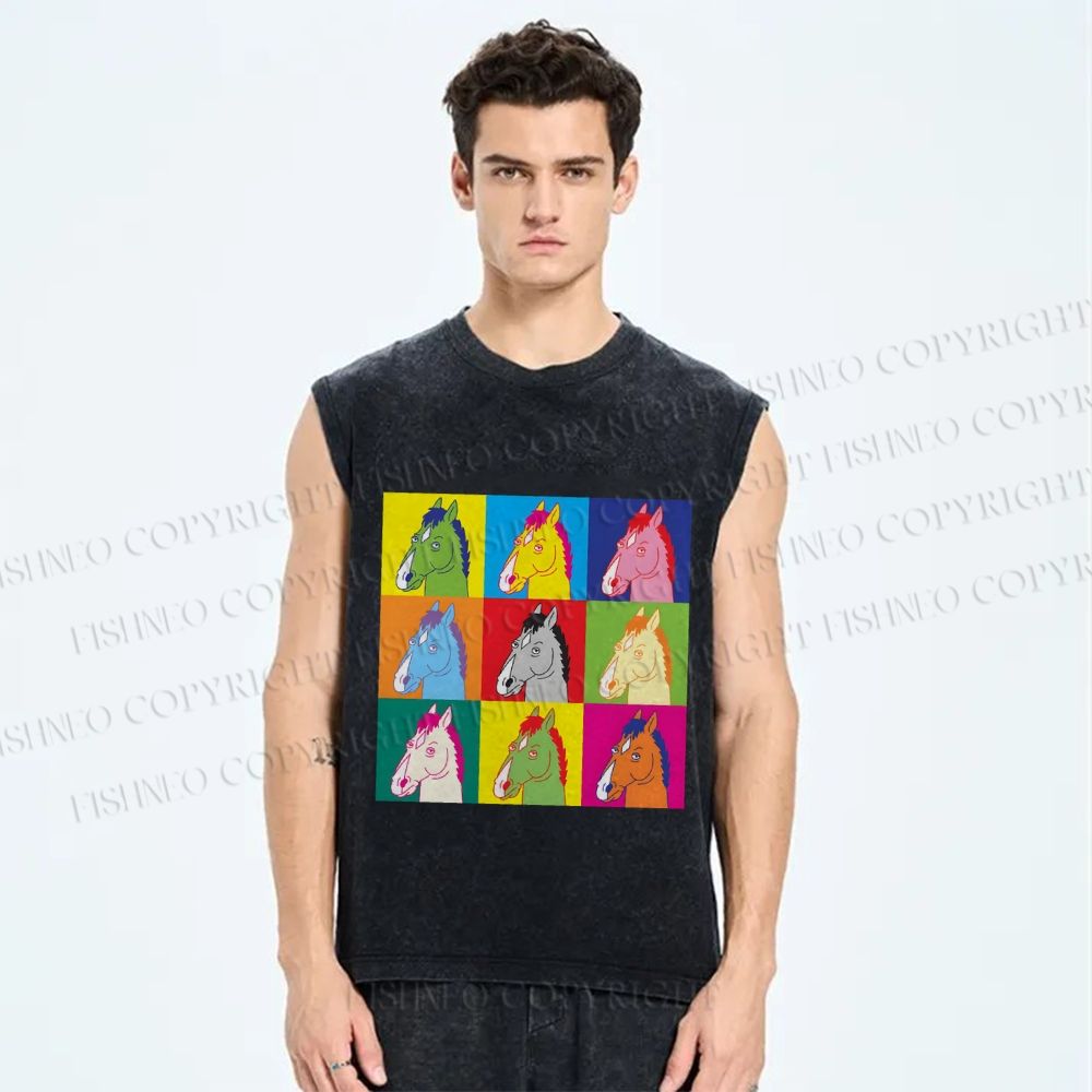 Unisex Pop Equine Spectrum Printed Washed Tank Top