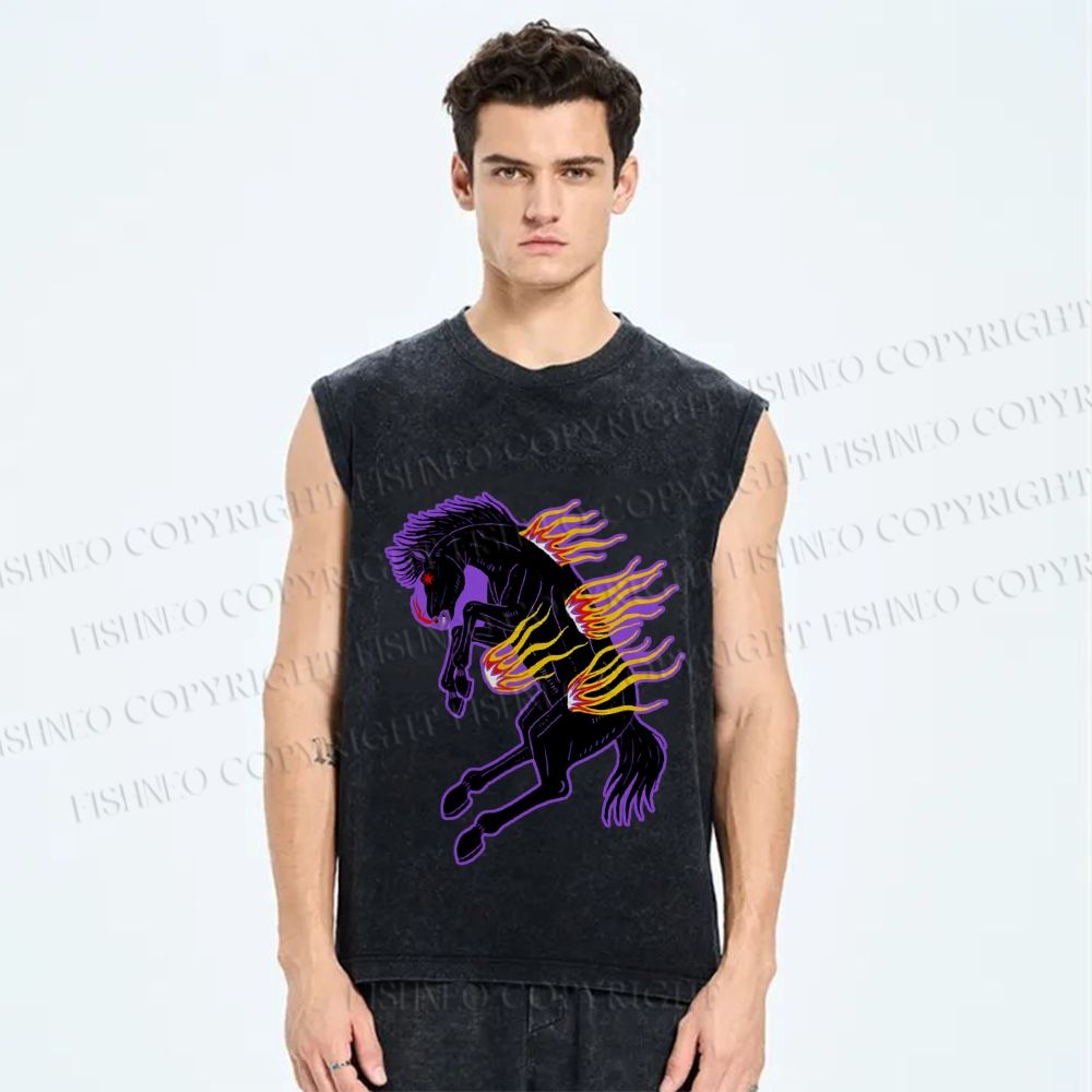 Unisex Horse on Fire Printed Washed Tank Top