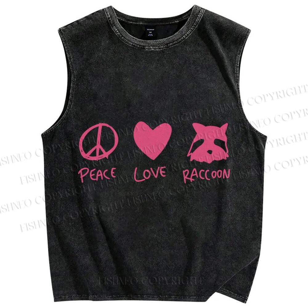 Unisex Peace Love Raccoon Printed Washed Tank Top