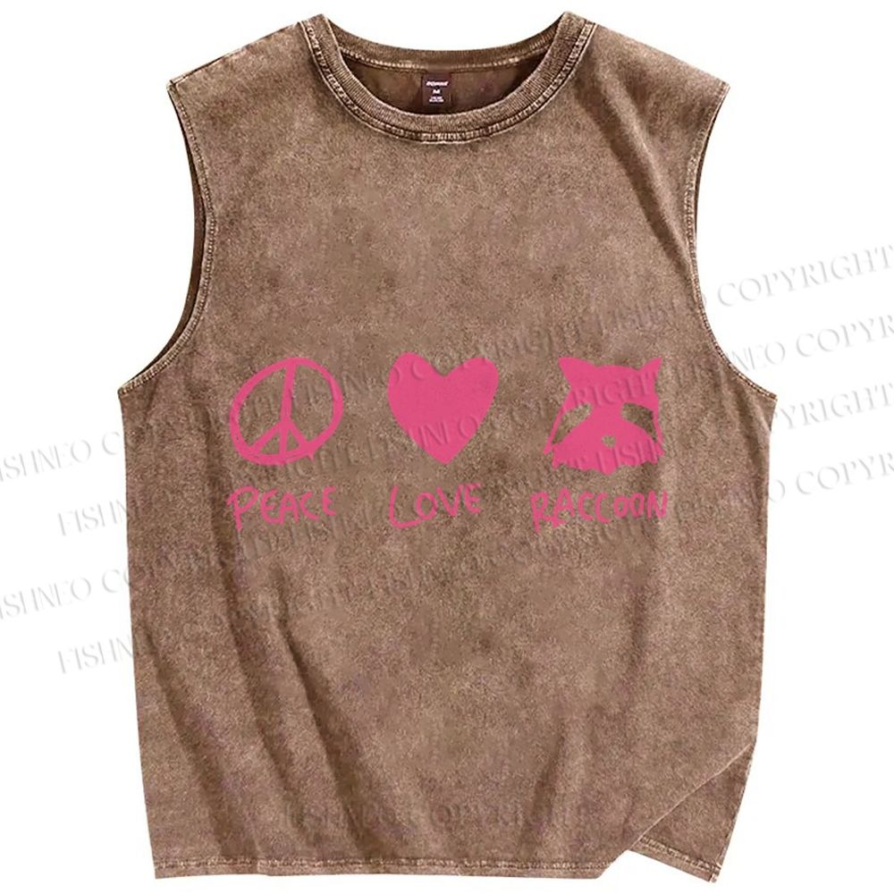 Unisex Peace Love Raccoon Printed Washed Tank Top