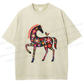 Unisex Floral Horse Printed Washed Tee