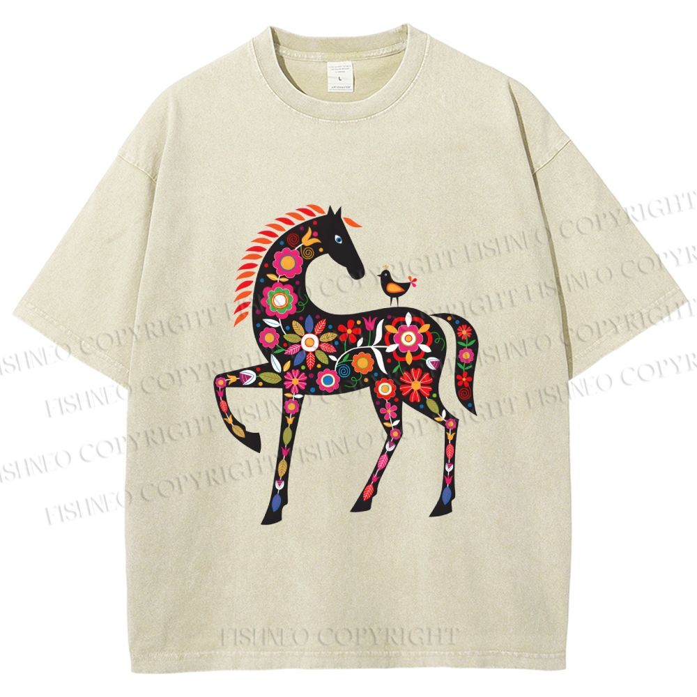 Unisex Floral Horse Printed Washed Tee
