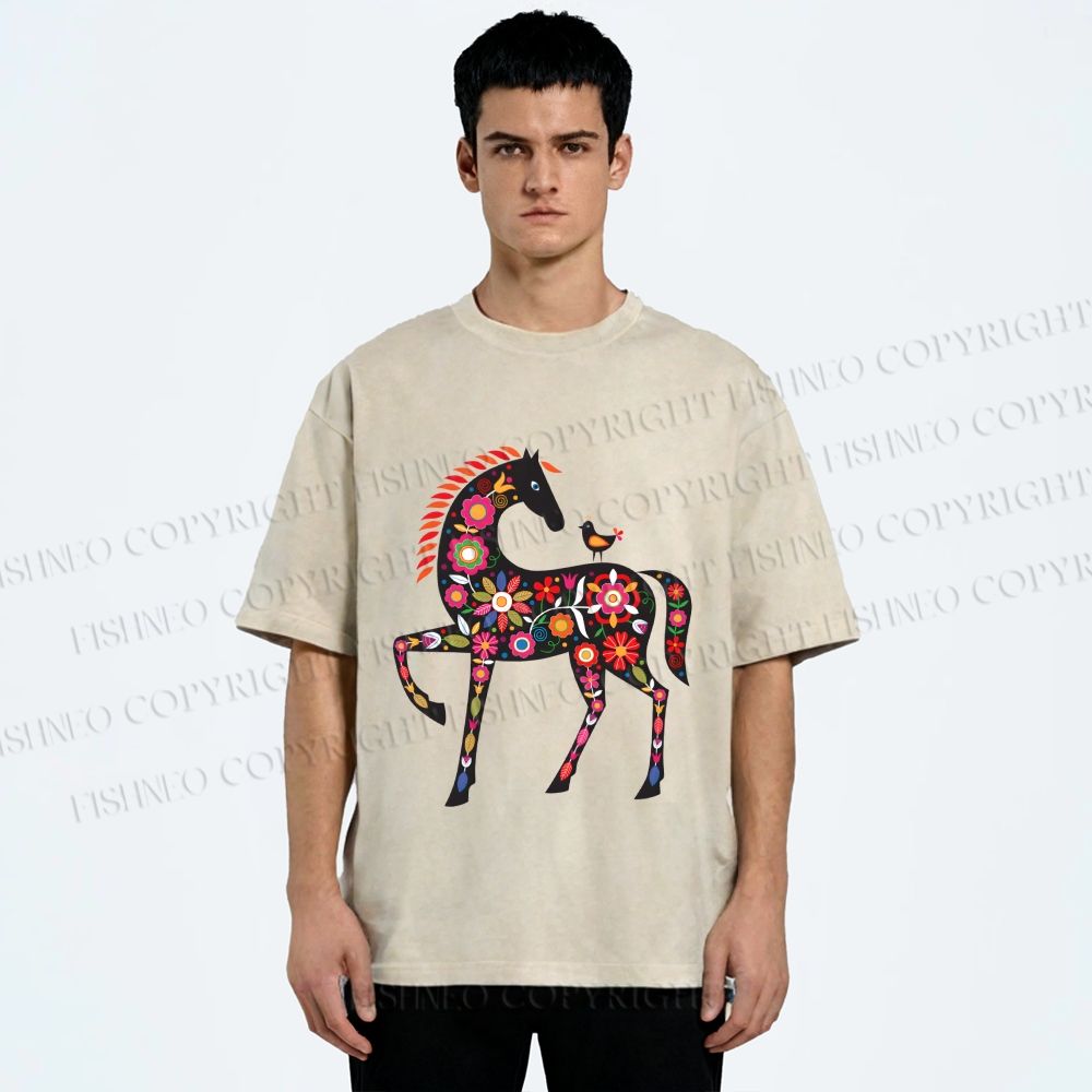 Unisex Floral Horse Printed Washed Tee