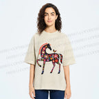 Unisex Floral Horse Printed Washed Tee