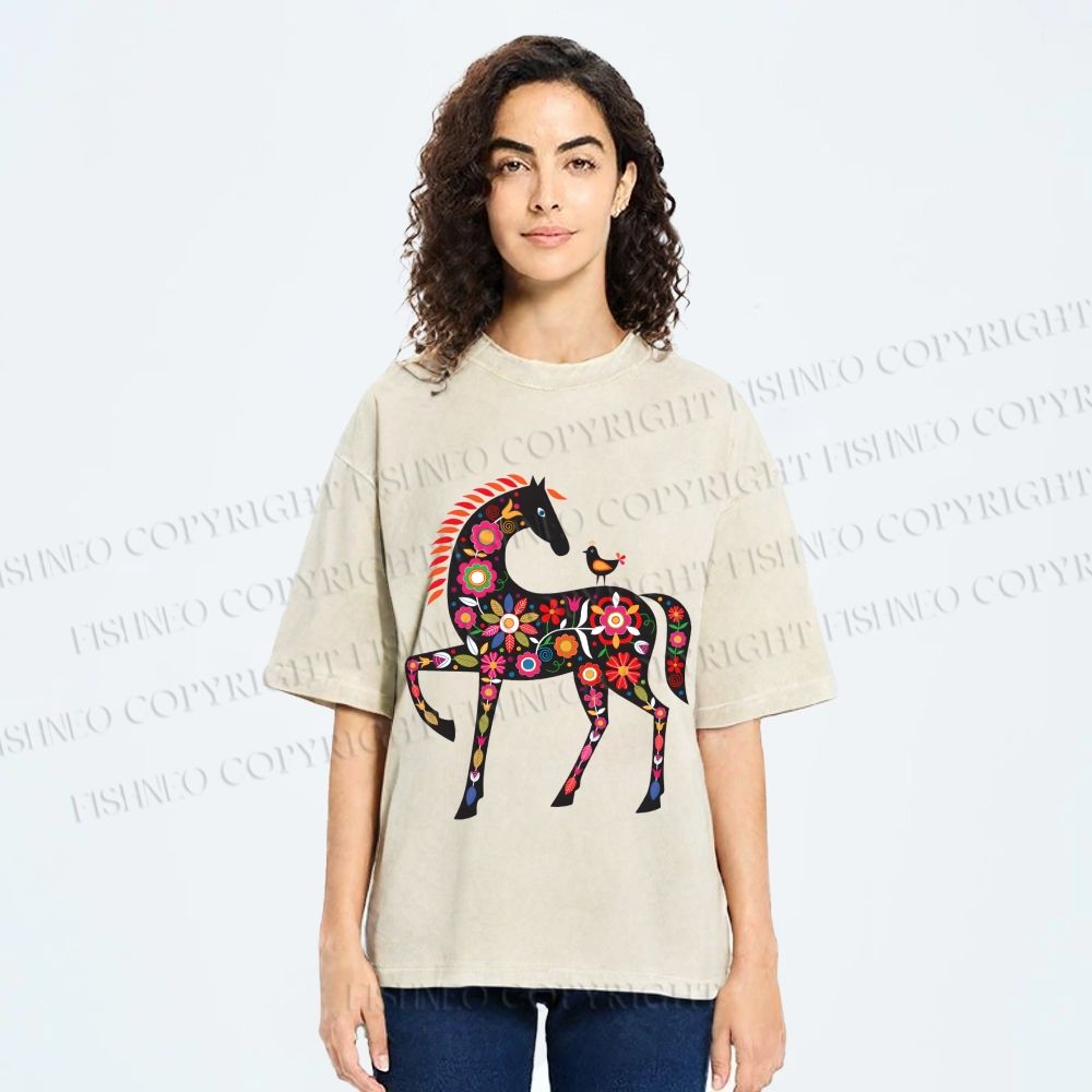 Unisex Floral Horse Printed Washed Tee