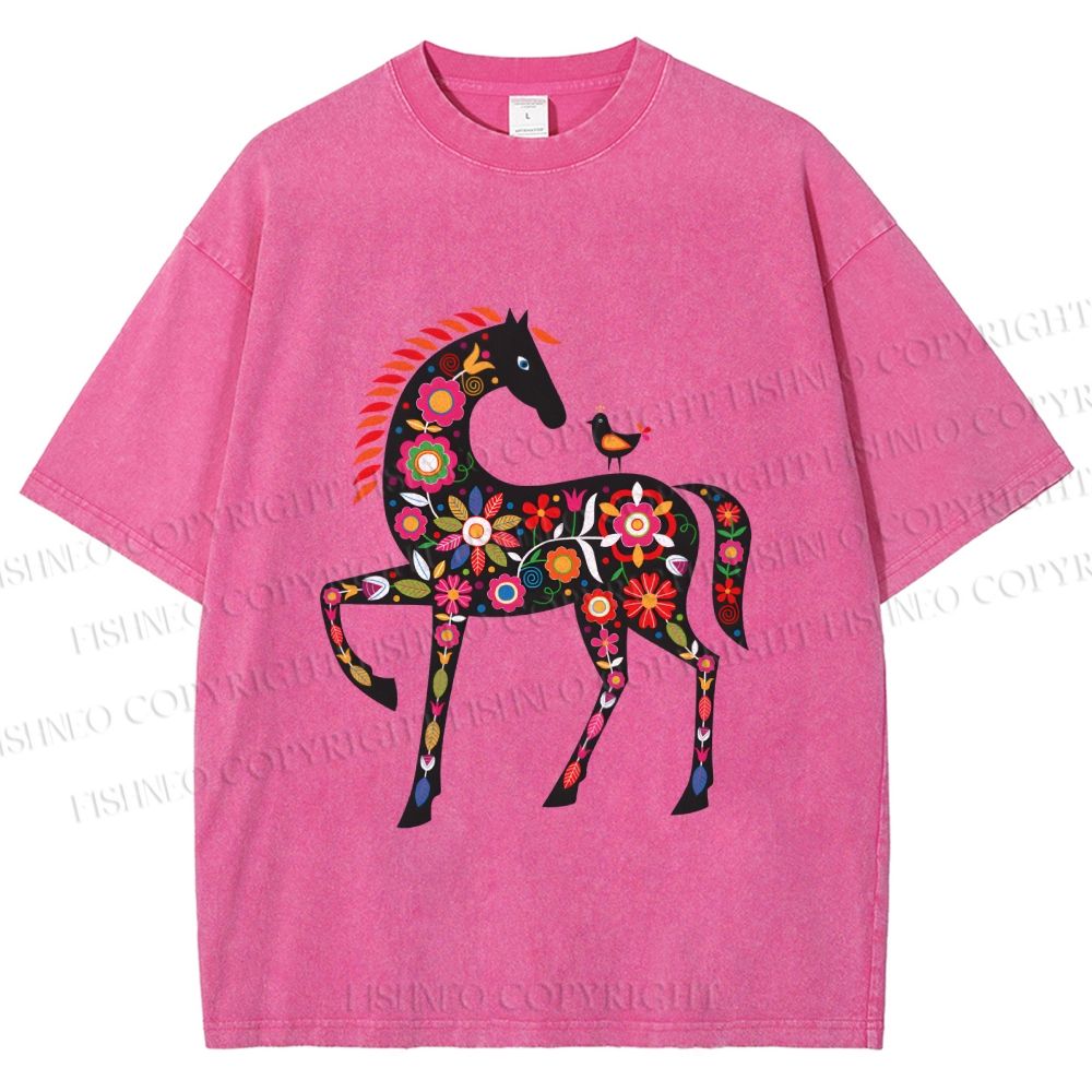 Unisex Floral Horse Printed Washed Tee