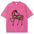 Unisex Floral Horse Printed Washed Tee