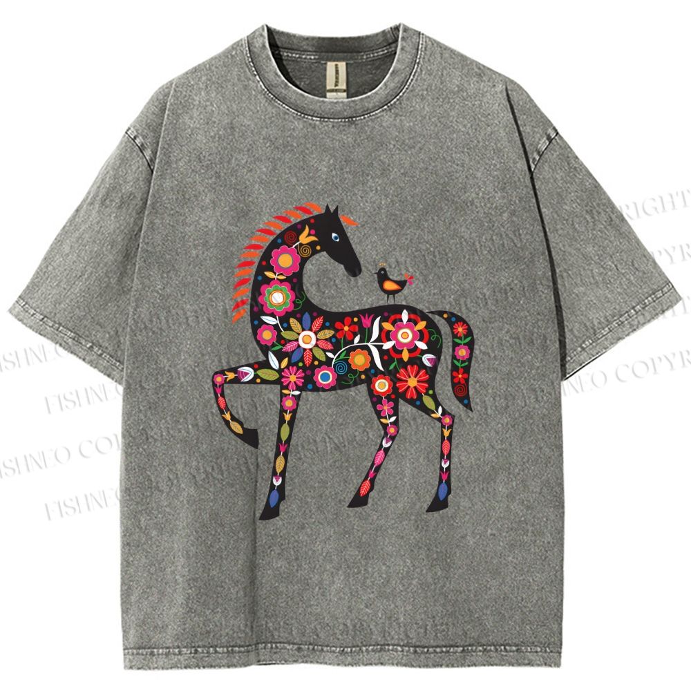 Unisex Floral Horse Printed Washed Tee