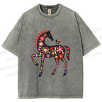 Unisex Floral Horse Printed Washed Tee