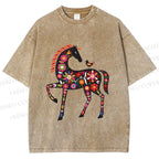 Unisex Floral Horse Printed Washed Tee