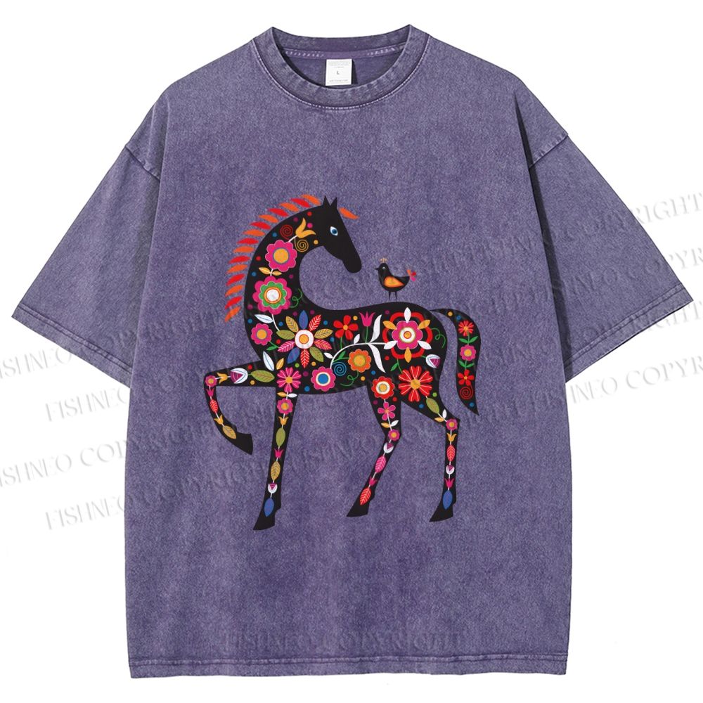 Unisex Floral Horse Printed Washed Tee