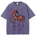 Unisex Floral Horse Printed Washed Tee