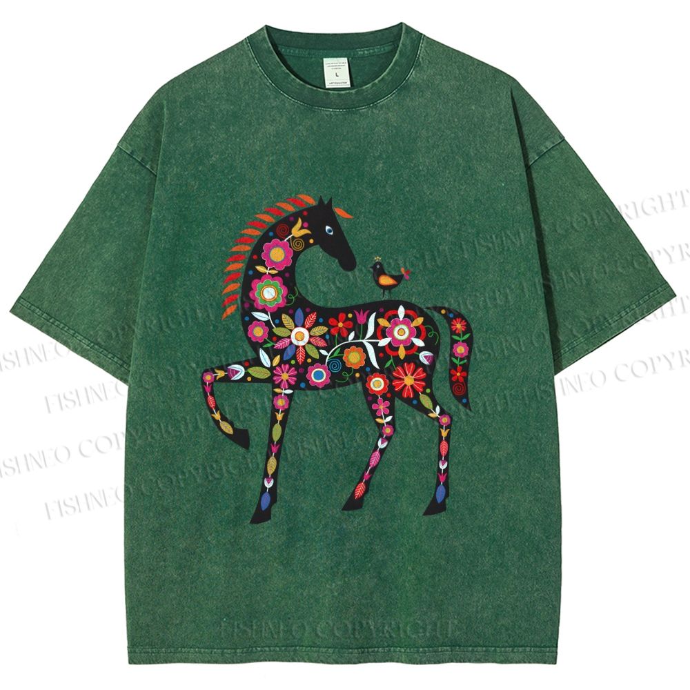 Unisex Floral Horse Printed Washed Tee