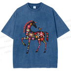 Unisex Floral Horse Printed Washed Tee