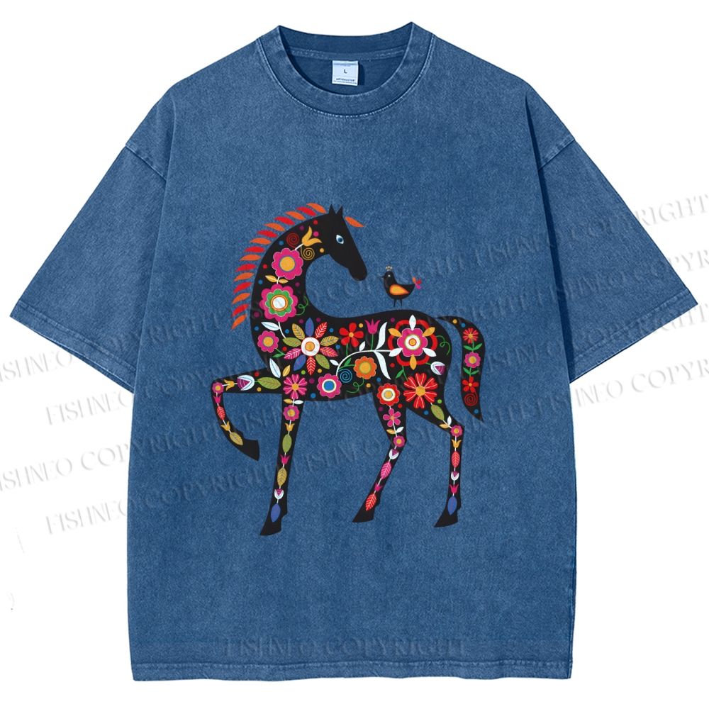 Unisex Floral Horse Printed Washed Tee